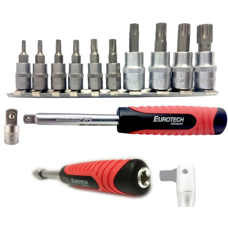 Puntas Torx enc. 1/4" y 3/8" con mango y adaptador - 12 pcs.